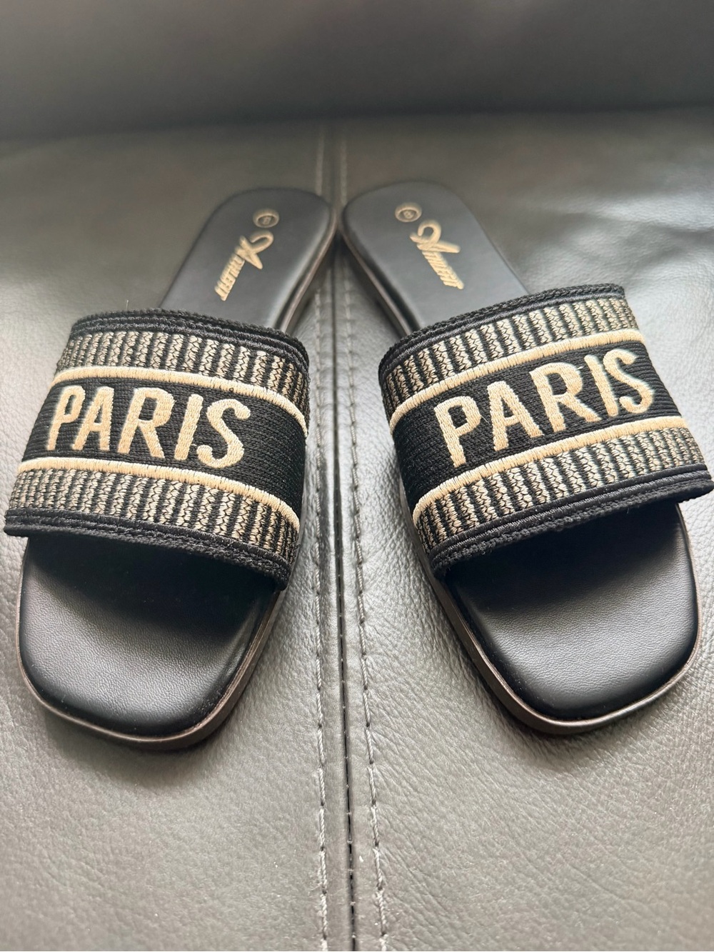 Embroidered 'PARIS' Slide Sandals in Black and Cream